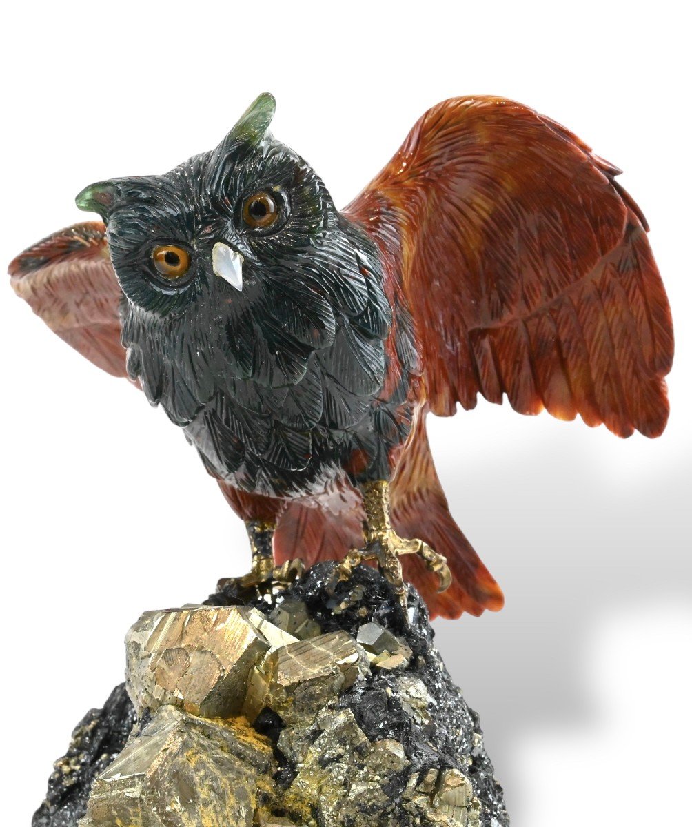 Erwin Klein - Owl In Hard Stone And Semi-precious Stones - Switzerland 1980s-photo-2